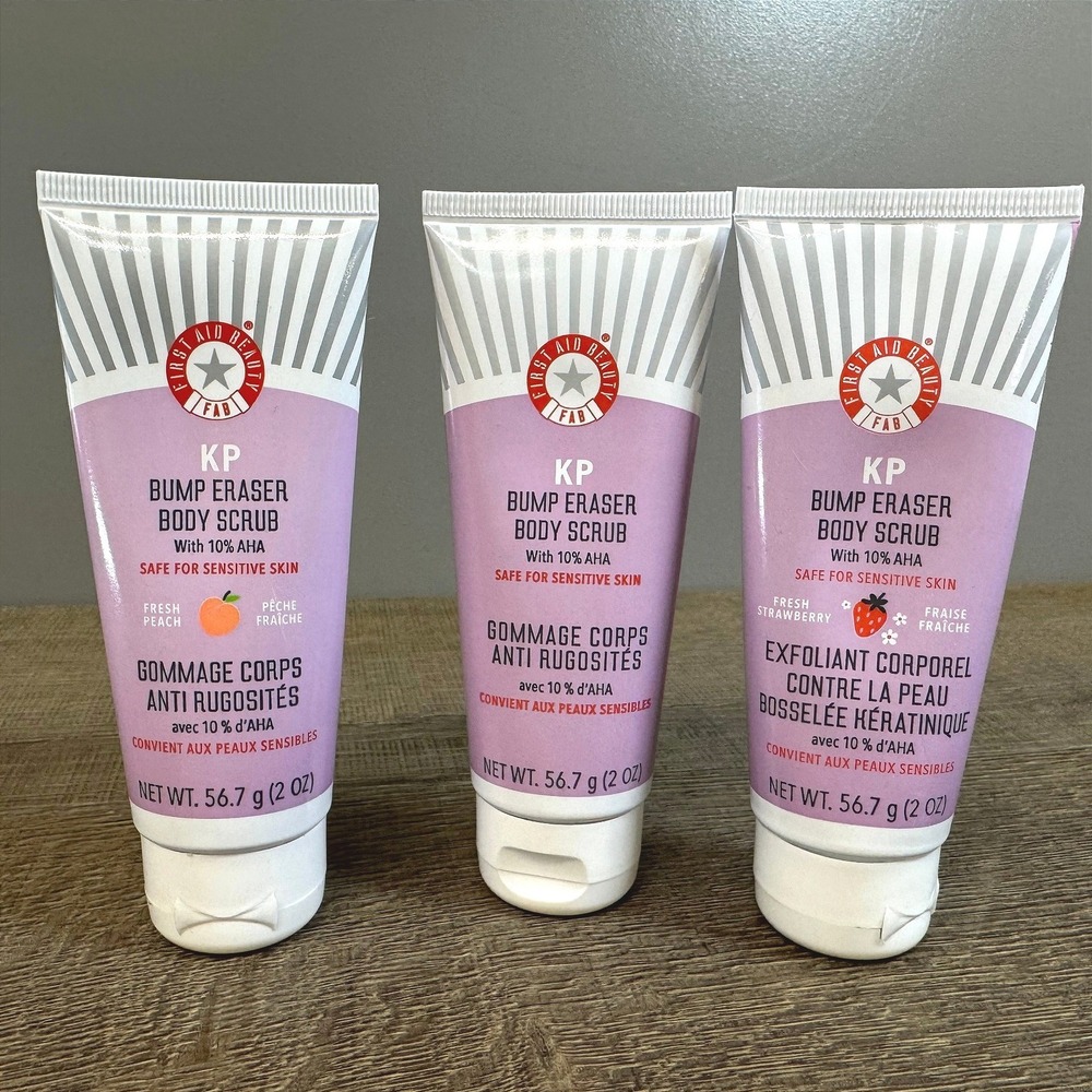 First Aid Beauty KP Bump Eraser Body Scrub Set 3ct Peach Strawberry 2oz Tubes